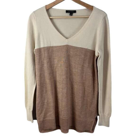Ann Taylor Merino Wool Tunic Sweater Colorblock Ivory Camel Tan Longline M - Picture 1 of 9